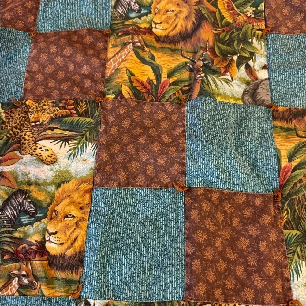 Jungle Printed Brown Handmade Reversible Quilt Elephants Leopards Lions 52 x 37